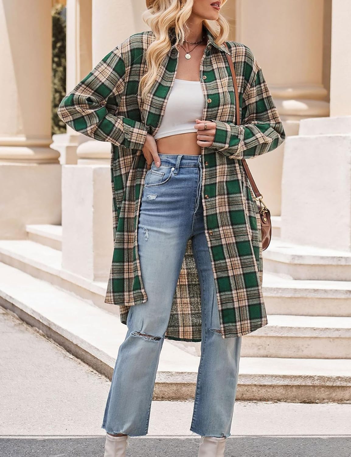 Bozanly Oversized Mid Long Plaid Flannel Shirts for Women Lapel Long Sleeve Check Blouse with Pockets - Image 2