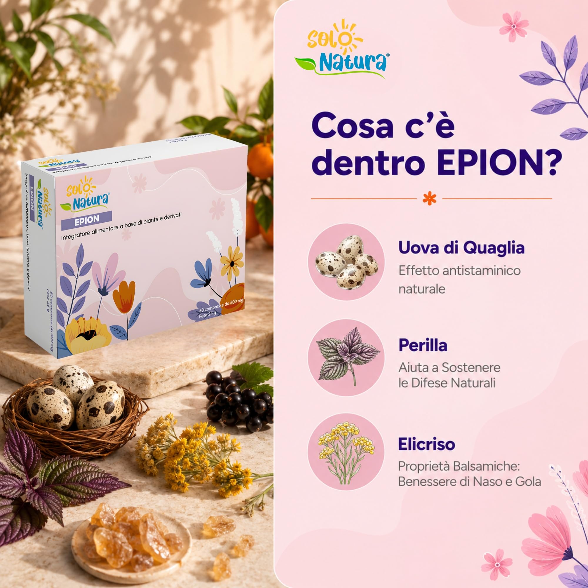 Solo Natura EPION – Supporto Antistaminico Naturale con Uova di Coturnice e Quercetina, Sollievo per Sensibilità a Pollini e Agenti Esterni, 50 Compresse da 500 mg
