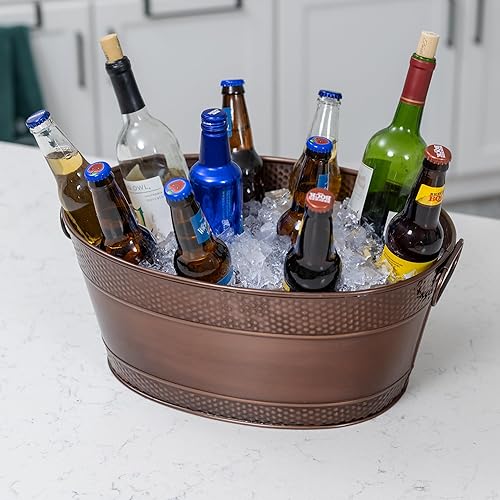 Miniatura 7 de BREKX Bañera galvanizada para fiestas, cubo de bebida ovalado con asas, cubo enfriador de vino con acabado de cobre Colt para bar en casa (15