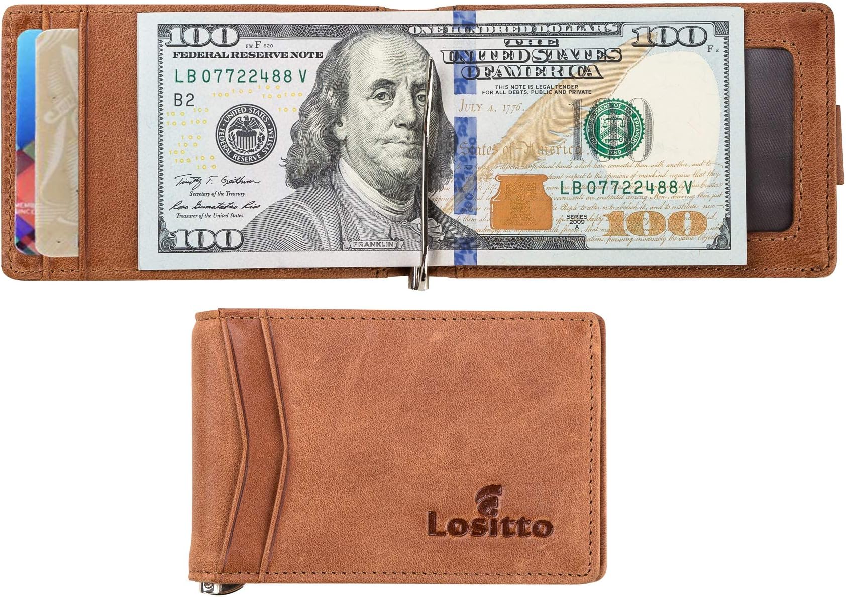 RFID Blocking Bifold Slim Genuine Leather Thin Minimalist Front Pocket Wallets for Men Money Clip Top Grain Leather (Desert brown-Distressed top grain leather)