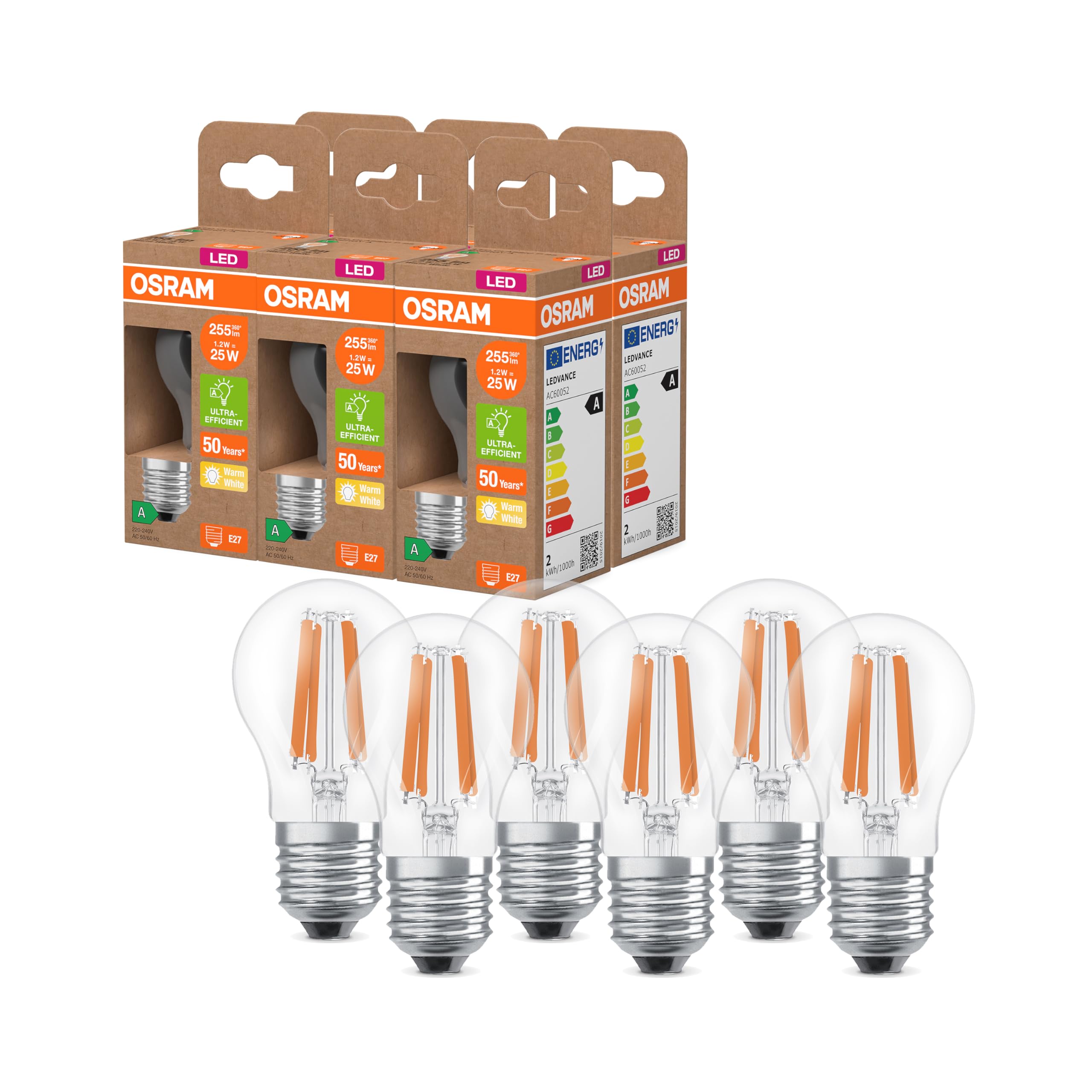 Osram LED-Lampe in klassischer Miniballform, mit dekorativem LED-Filament, Energieeffizienzklasse A, E27, 1.2 W, 255 lm, 2700 K, warmweiß. Ohne Aufwärmen, 6-Pack