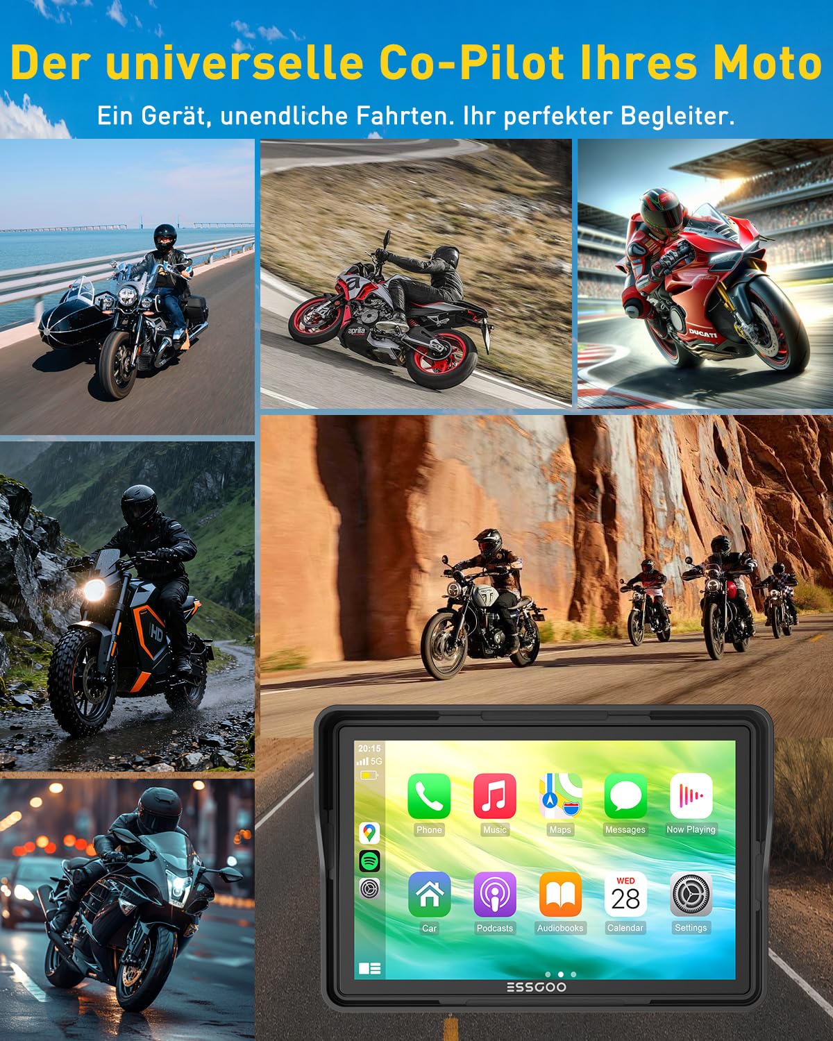 ESSGOO 5 Zoll Motorrad Carplay Display,Kabelloses Motorrad Navigationsgerät mit Apple CarPlay & Android Auto,IP67 Wasserdicht,Dual Bluetooth 5.3,GPS Navigation,Sprachassistent,Acc Stromversorgung