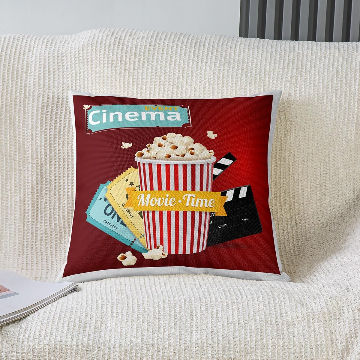 Loussiesd Movie Theater Decor Reversible Throw Pillow Covers Cinema Pillow Covers Home Decor for Kids Adults Movie Night Square Cushion Covers Set of 2 Old Fashion Home Theater 16x16 Inch - Image 2