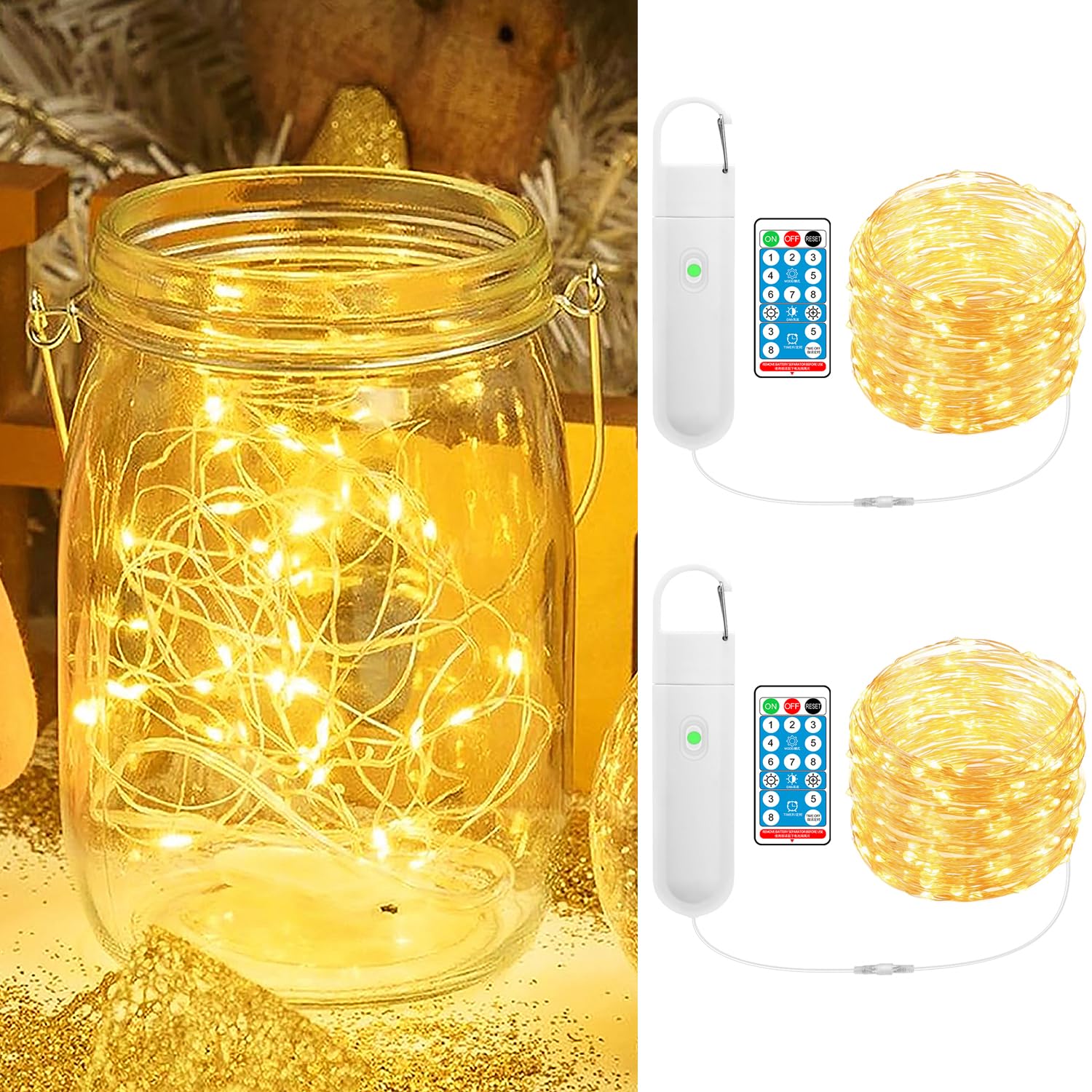 2 Pack Rechargeable Fairy Light with Remote & Timer, 10M Reusable Charging String Light Copper Wire Light for Indoor Outdoor Lighting, DIY Crafts Wedding Table Centerpieces Party Bedroom Christmas