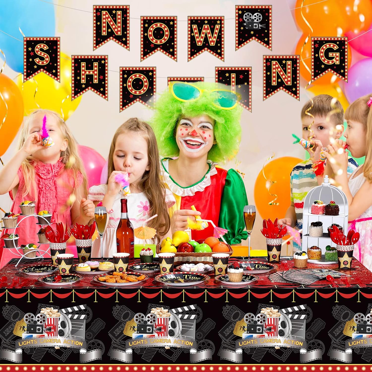 Tiamon 171 Pcs Movie Night Party Supplies Serves 24 Include Movie Theater Tablecloth Now Showing Banner TV Show Theme Plates and Napkins Tableware Set for Red Carpet Birthday Party Decorations