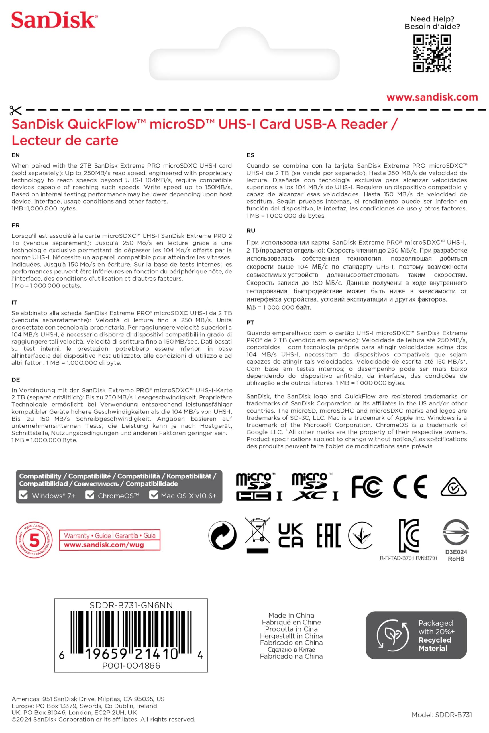 SanDisk QuickFlow SD UHS-I, lettura/scrittura di schede USB-A, velocità di lettura fino a 250 MB/s, velocità di scrittura fino a 150 MB/s, USB 3.2 Gen 1