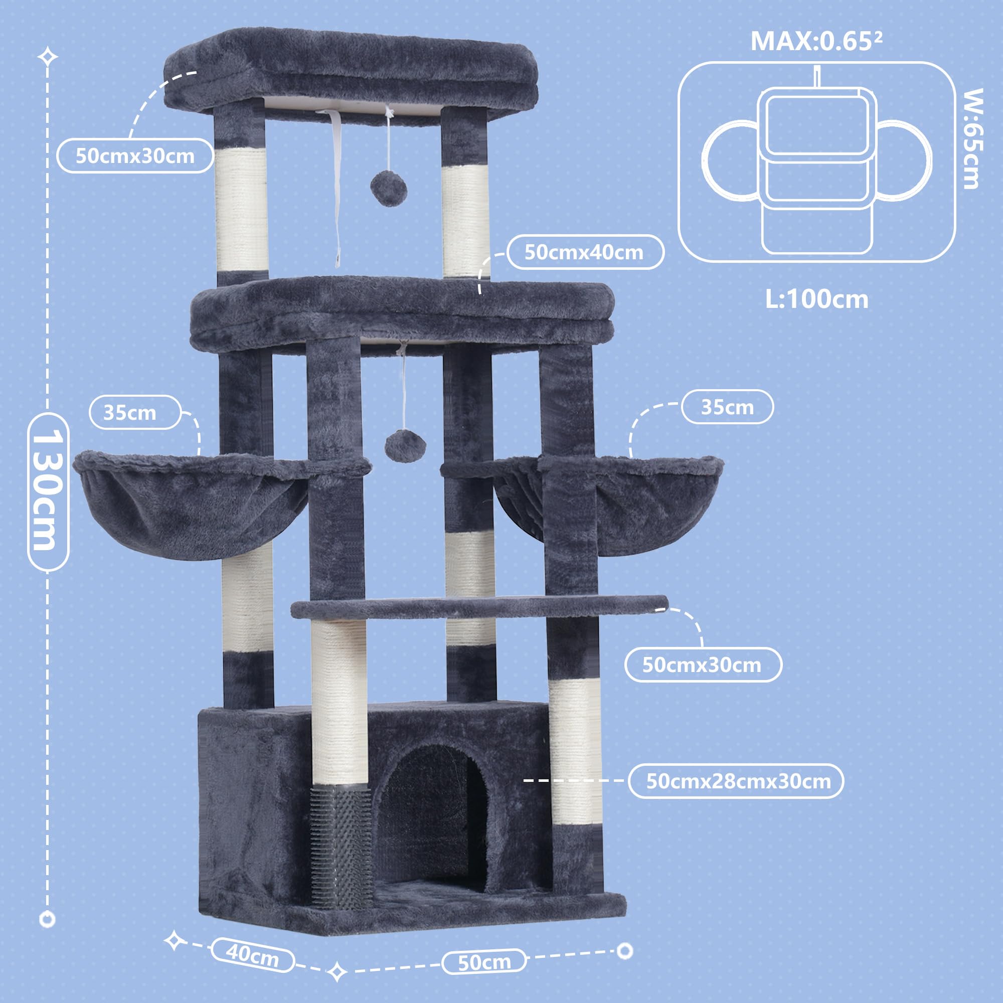 Hey-brother Árbol para Gatos, Rascador para Gatos Grandes y Maine Coons, multinivel Estable con 2 Amplio Plataformas, 2 cestas, Cueva Grande y Máquina peinadora, Gris Humo EMPJ070G