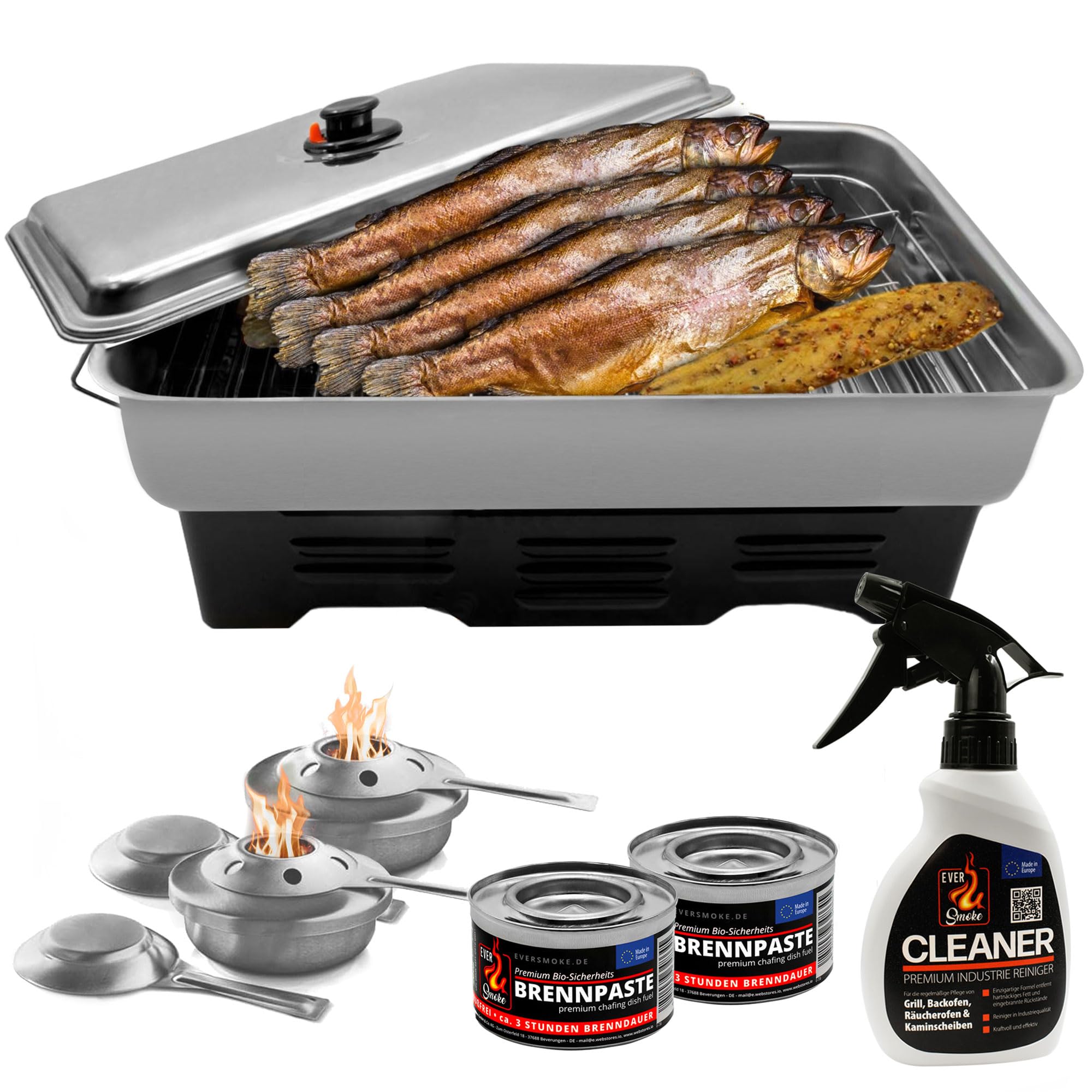 Eversmoke Edelstahl Tischräucherofen Set mit 2x Brennpaste für Fisch, Wurst, Käse/Räuchern Grillofen inkl Brennpaste