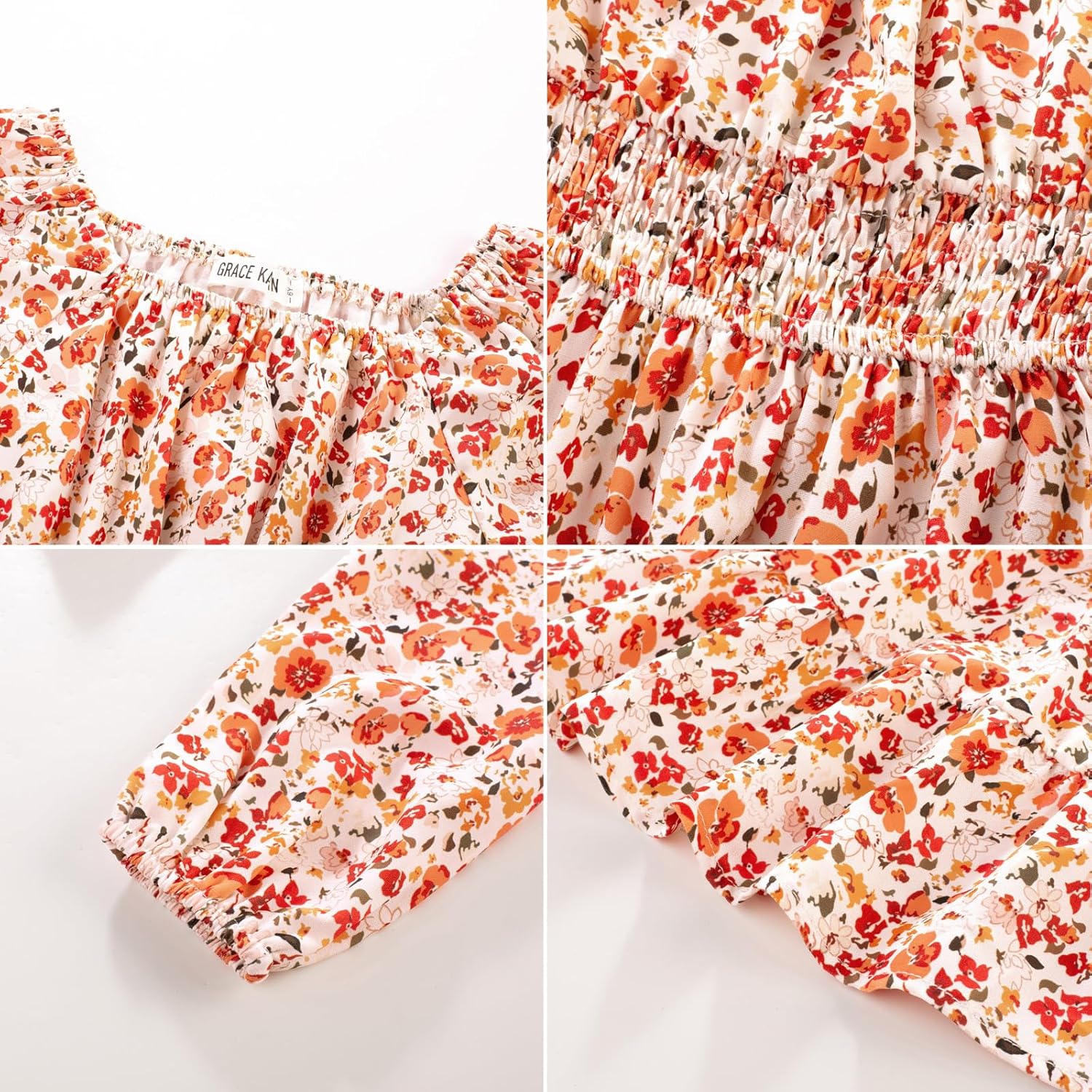 GRACE KARIN Girls Fall Dress Floral Long Sleeve Midi with Smocked Waist for Holiday Party 6-14Y - Image 4