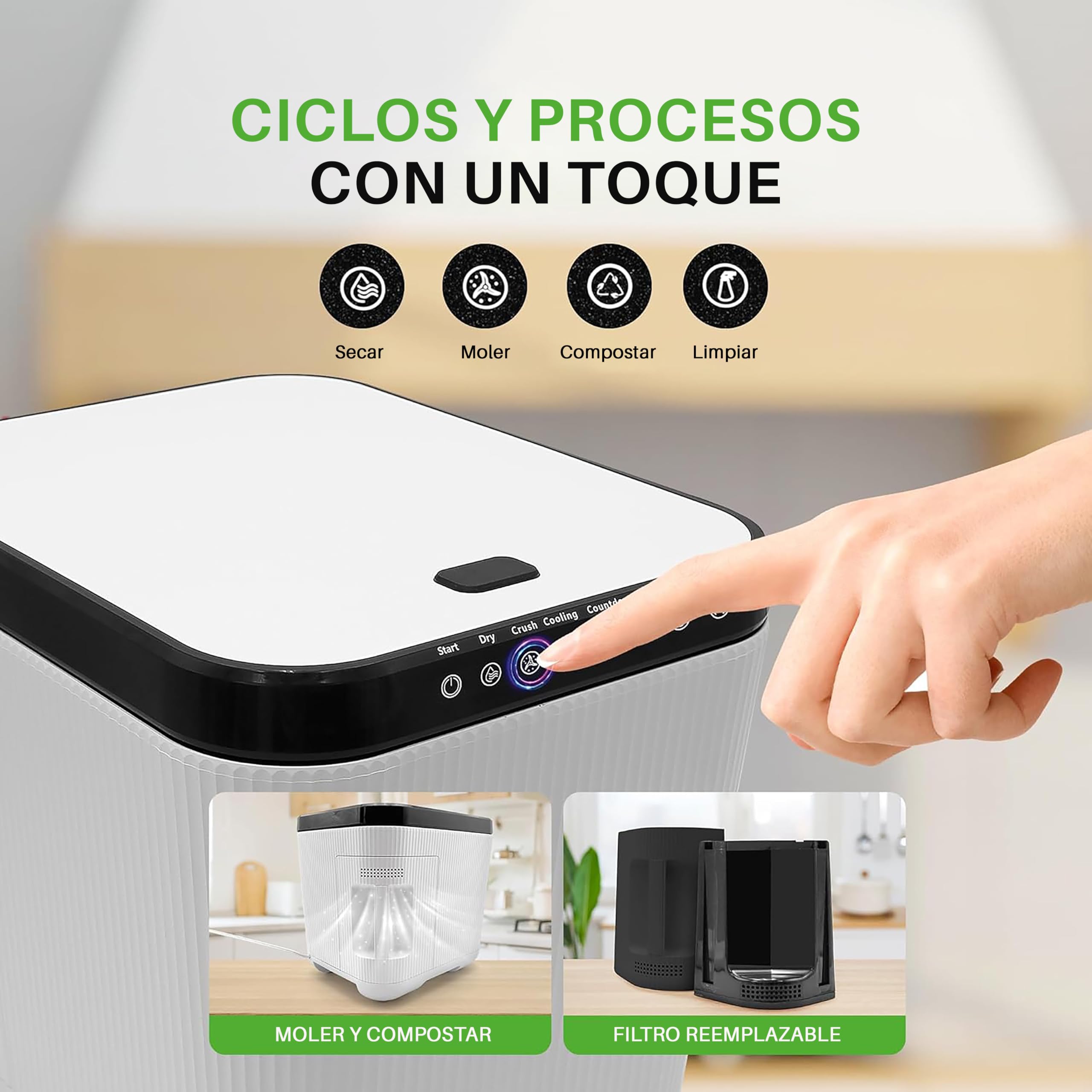NutriChef compostador electrico, 3 litros, Ideal para cocinas, Cubo Basura organica y desechos de Comida, Automatico, Funciones de Secado, Trituracion y Enfriamiento