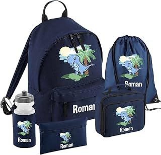 Personalised Dinosaur full 5 piece back to school set including a FREE pencil case, ruck sack, lunch box, water bottle, gym bag (Sky blue 5 piece set)