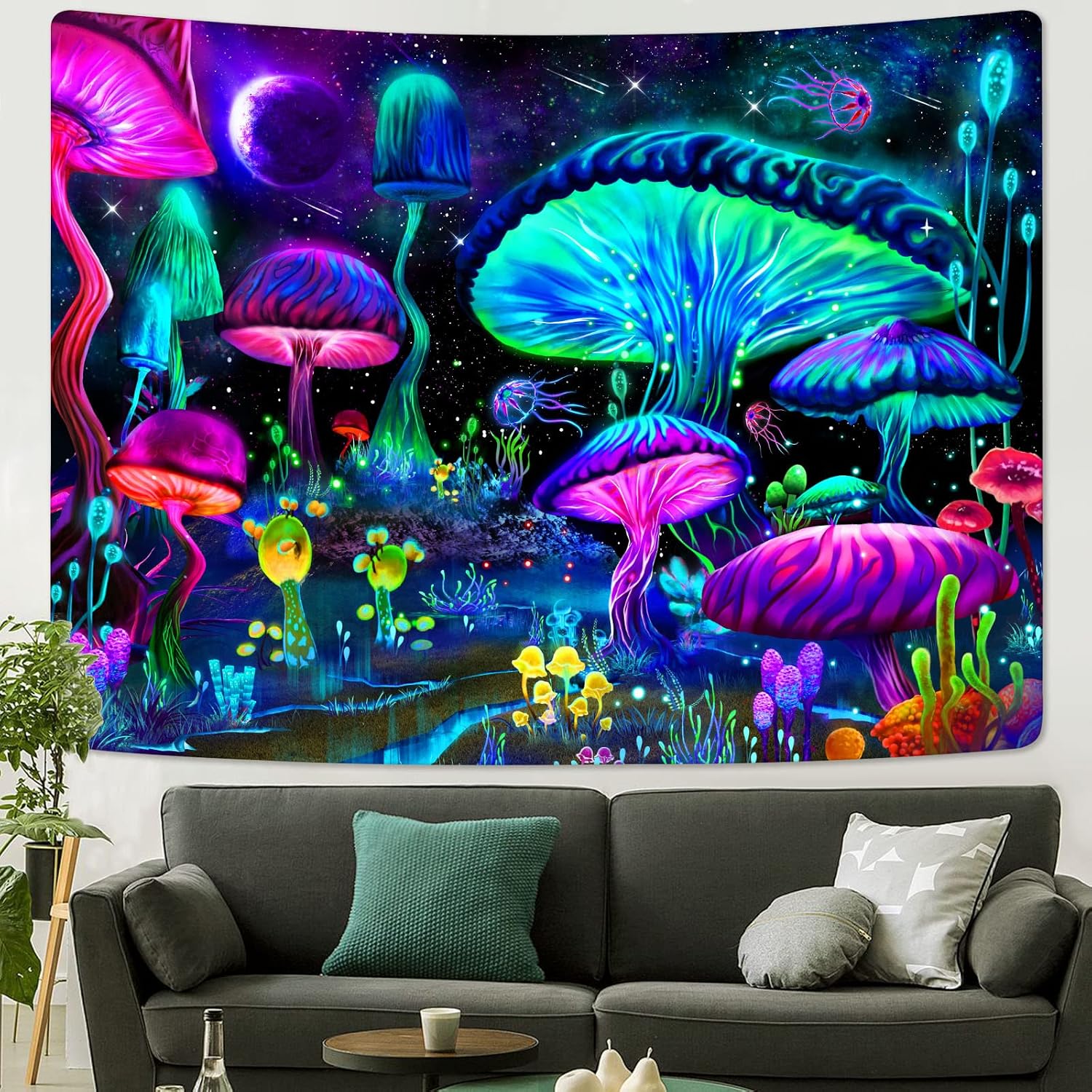 Zussun Mushroom Tapestry Colorful Tapestries for Bedroom Aesthetic Blue and Purple Neon Tapastry's Wall Hanging Plant Wall Tapestry for Living Room Dorm (Blue, 48'' × 36'')