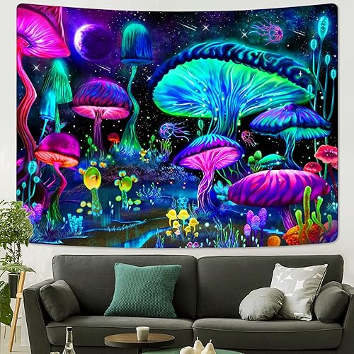 Zussun Tapiz de hongos trippy con luz negra para dormitorio, estético azul y morado, tapiz de neón para colgar en la pared, colorido tapiz de pared