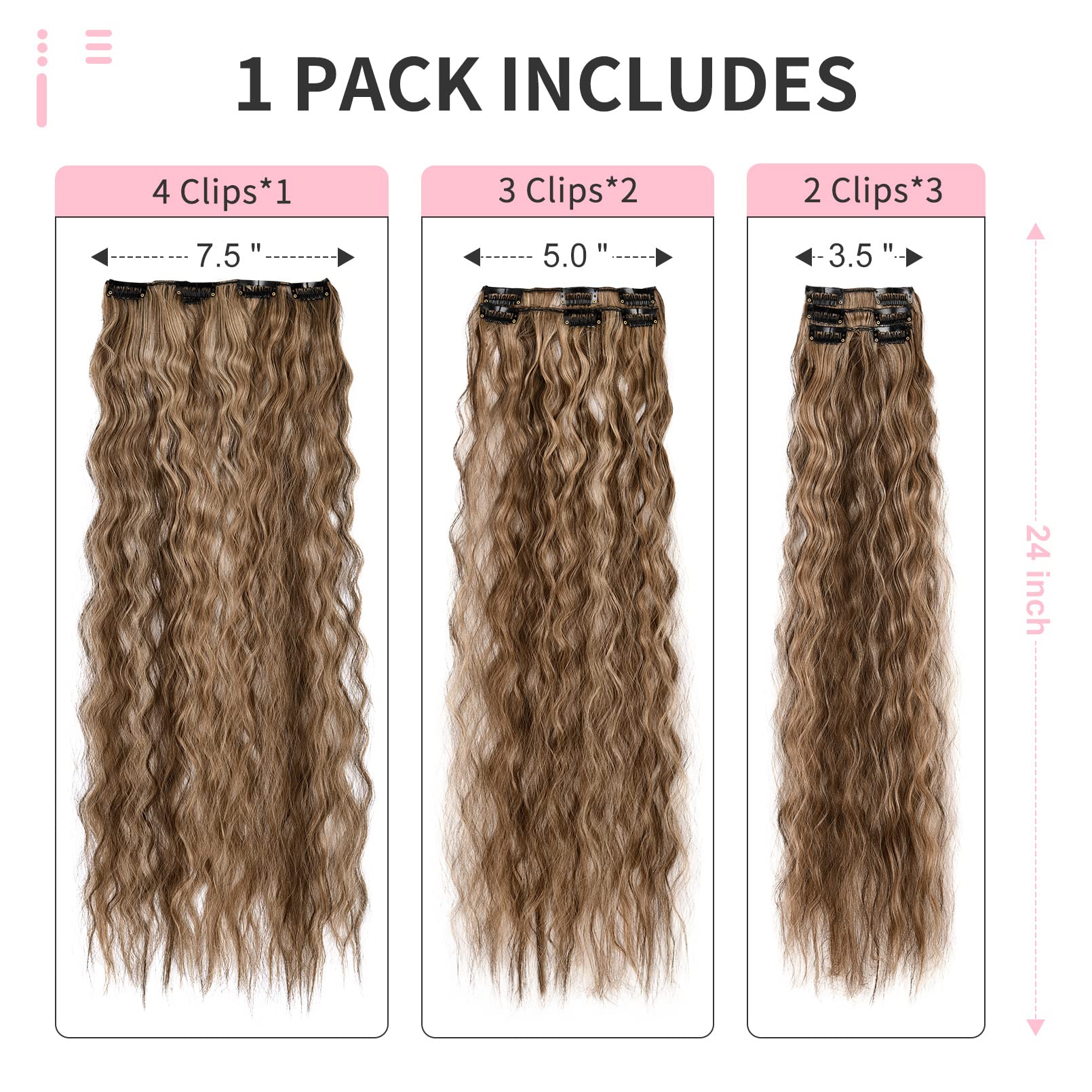 FLUFYMOOZ Clip In Hair Extensions,6PCS Hair Extensions Long Mermaid Waves Wavy Synthetic Clip On Hairpiece For Women 24 Inch (Deep Brown with Dirty Blonde) - Image 3
