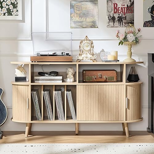 Miniatura 10 de LELELINKY - Soporte grande redondo para tocadiscos con estación de carga y estante de exhibición acanalado, gabinete natural para tocadiscos de