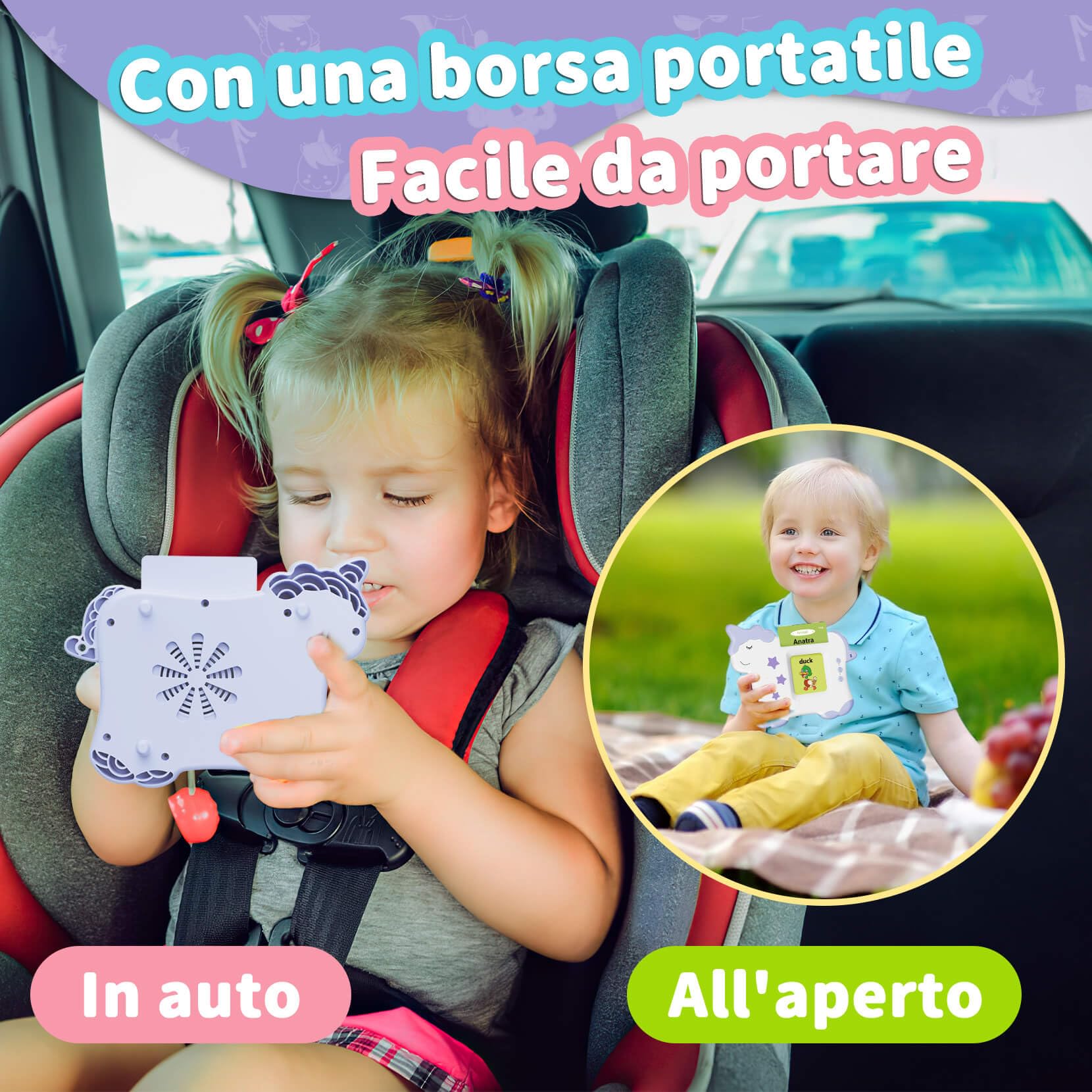 Flashcards Parlanti Giocattoli Montessori, Giocattoli Educativi per Bambini, 224 Parole 14 Temi, Autismo, Regalo di compleanno Regalo di Natale per Bambino (Viola Italiano)