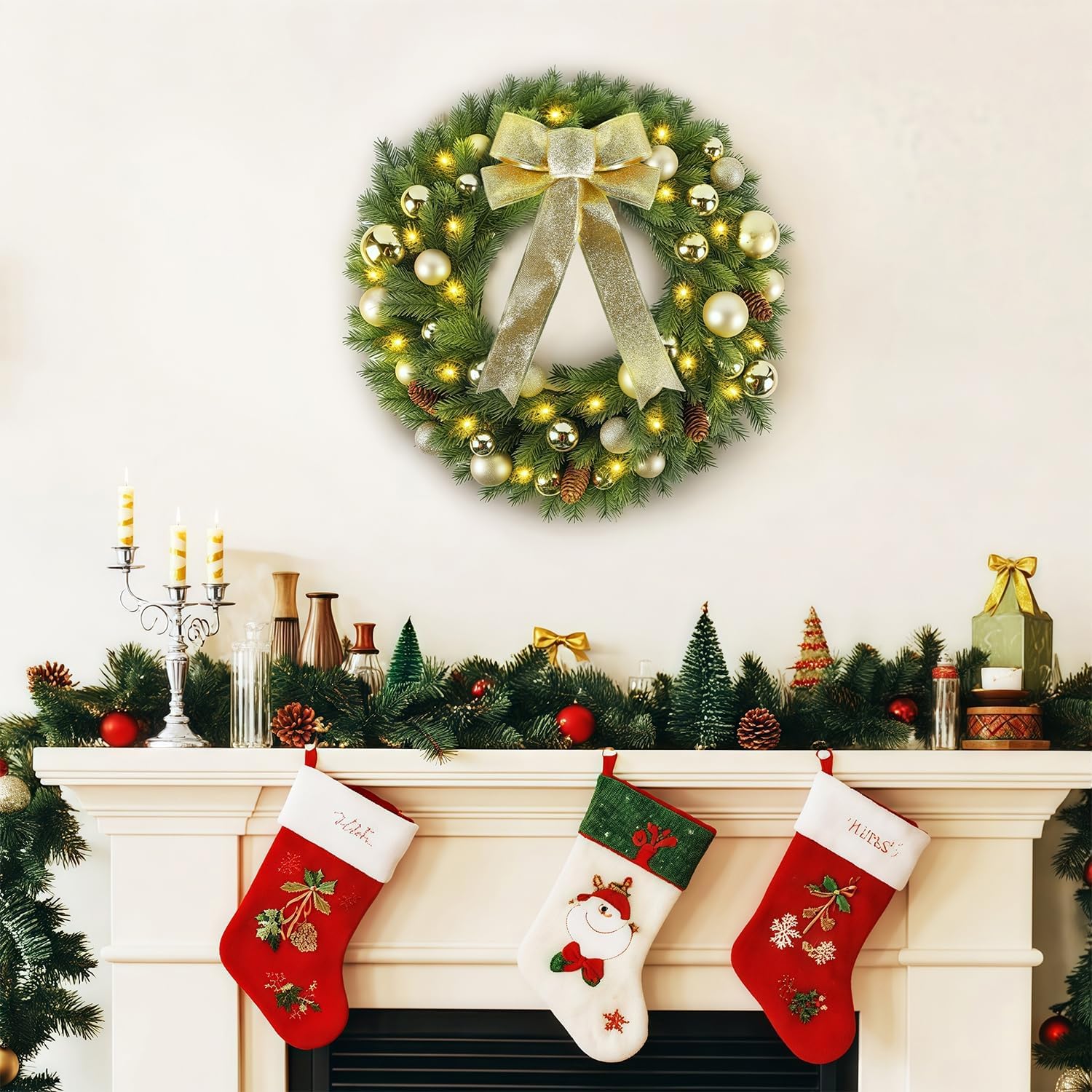 Hausse 21" Lighted Christmas Wreath with Metal Hanger, Pre-lit Xmas Folded Wreath with LED Lights, Golden Bow & Balls, Battery Operated & Timer for Front Door Gate Wall Holiday Party Decor - Image 8