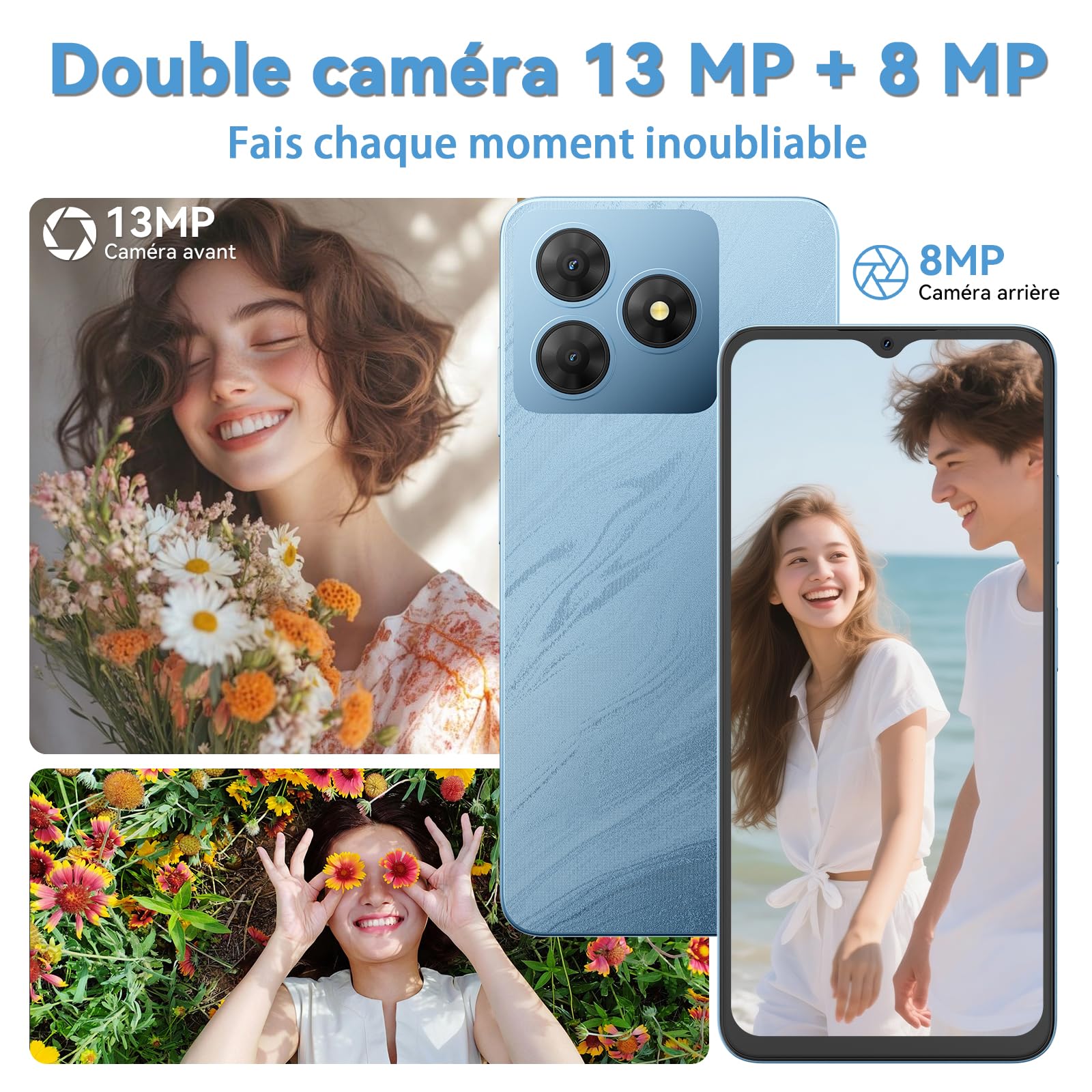 Telephone Portable Android, 6Go+64Go/TF 2To, Octa Core, Écran 6.56" HD+, Batterie 5000mAh Smartphone, 13MP+8MP, Smartphone Pas Cher 4G Dual SIM, Face ID/GPS/3Ans De Garantie - Bleu