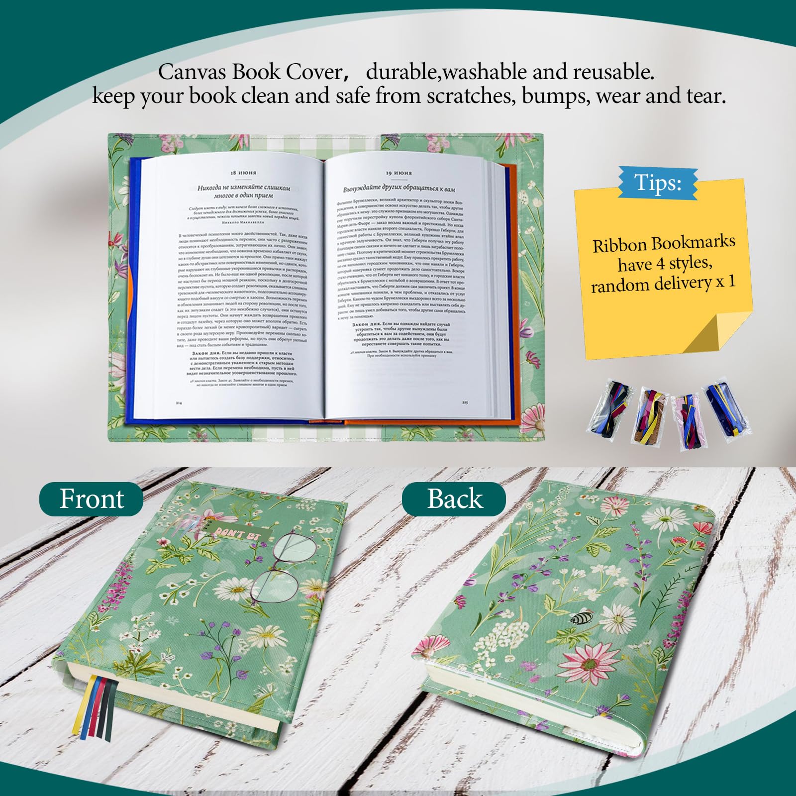 Fundas ajustables para libros, protector de libros de tela de lona lavable con bolsillos, marcapáginas, doble cara con estampado floral, funda para libro de tapa dura, novelas, libros de texto,