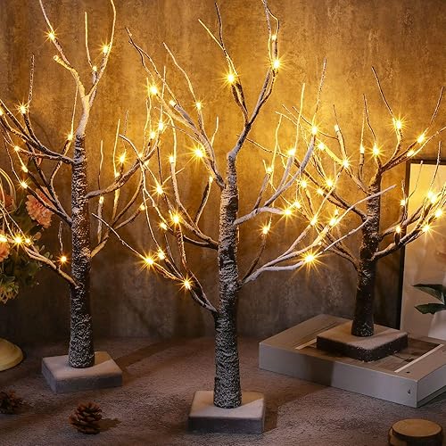 Miniatura 4 de 3 piezas de abedul iluminado de 1.5 pies 1.65 pies 2 pies mini árbol de abedul con 24 luces LED blancas cálidas funciona con pilas, luz artificial