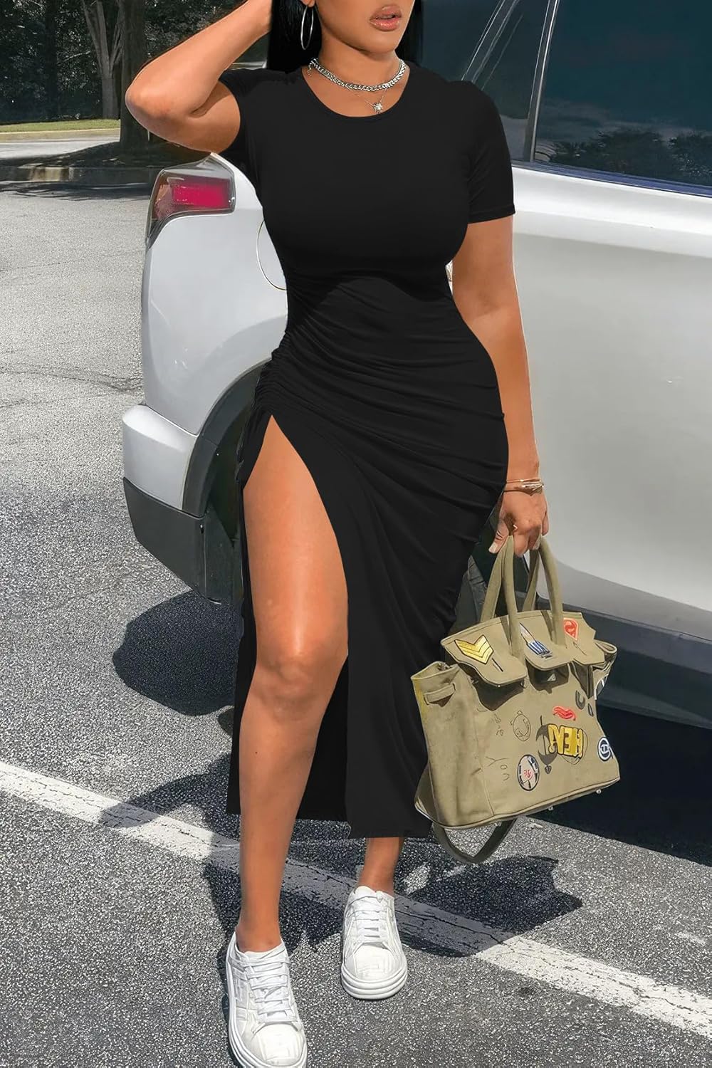 Nimsruc Women Sexy Summer Dresses Short Sleeve Thigh-high Slit Ruched Bodycon Maxi Club Cocktail Party Dress - Image 2