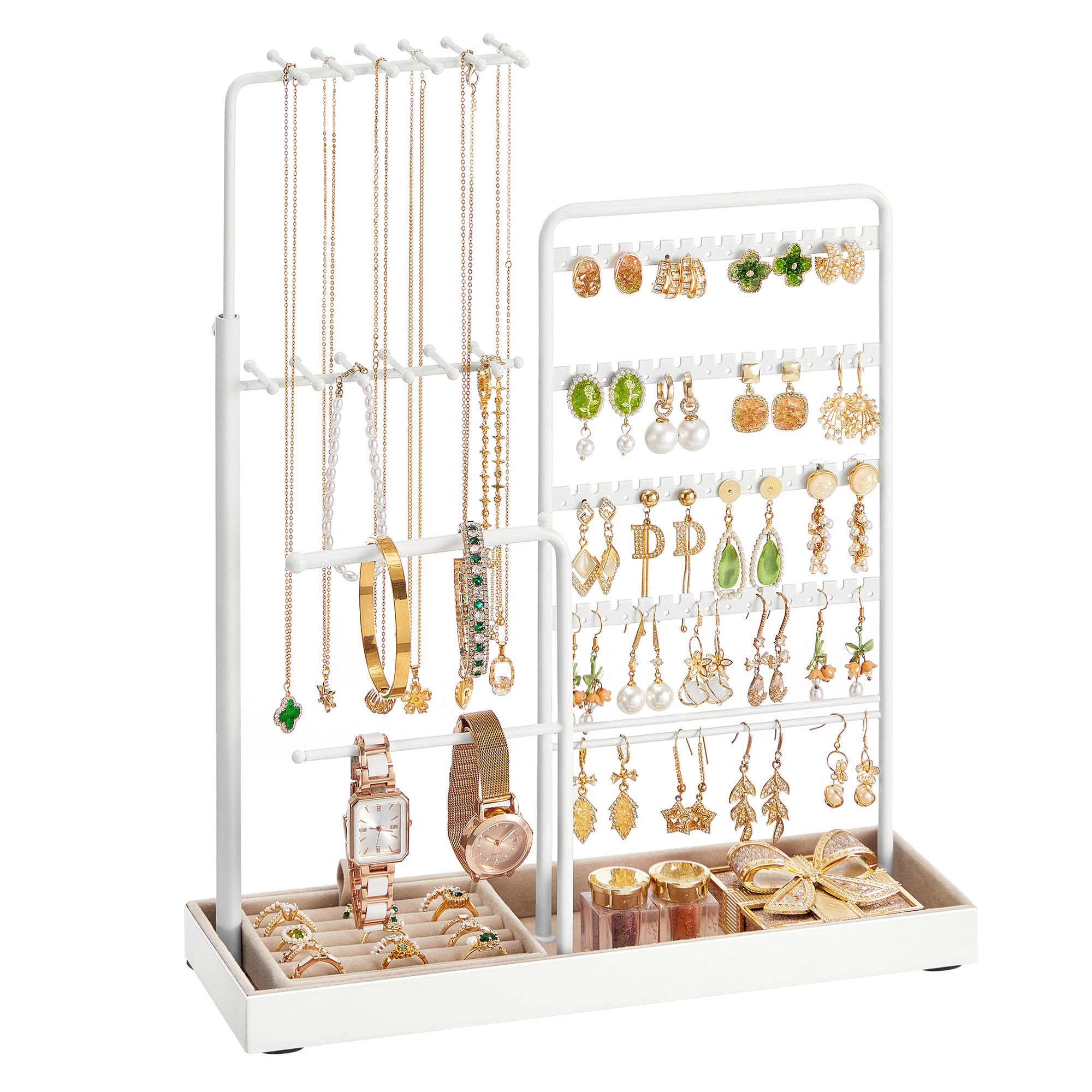 SONGMICS Jewelry Holder, Jewelry Storage Organizer Stand with Metal Frame, Velvet Tray, 12.1 to 18.7 Inches Tall Height Adjustable Necklace Holder, for Rings, Earrings, Matte White UJJS026W0