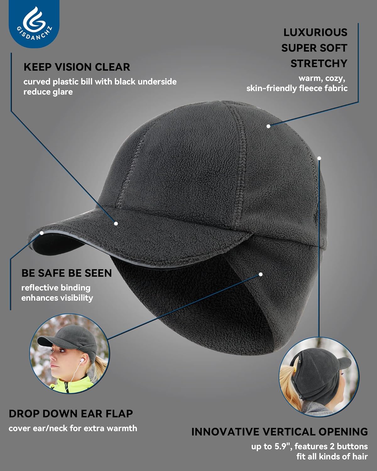 Gisdanchz Women's Stretchy Fleece Ponytail Hat with Earflap - Vertical Ponytail Hole Winter Hat for Any Hair - Image 2