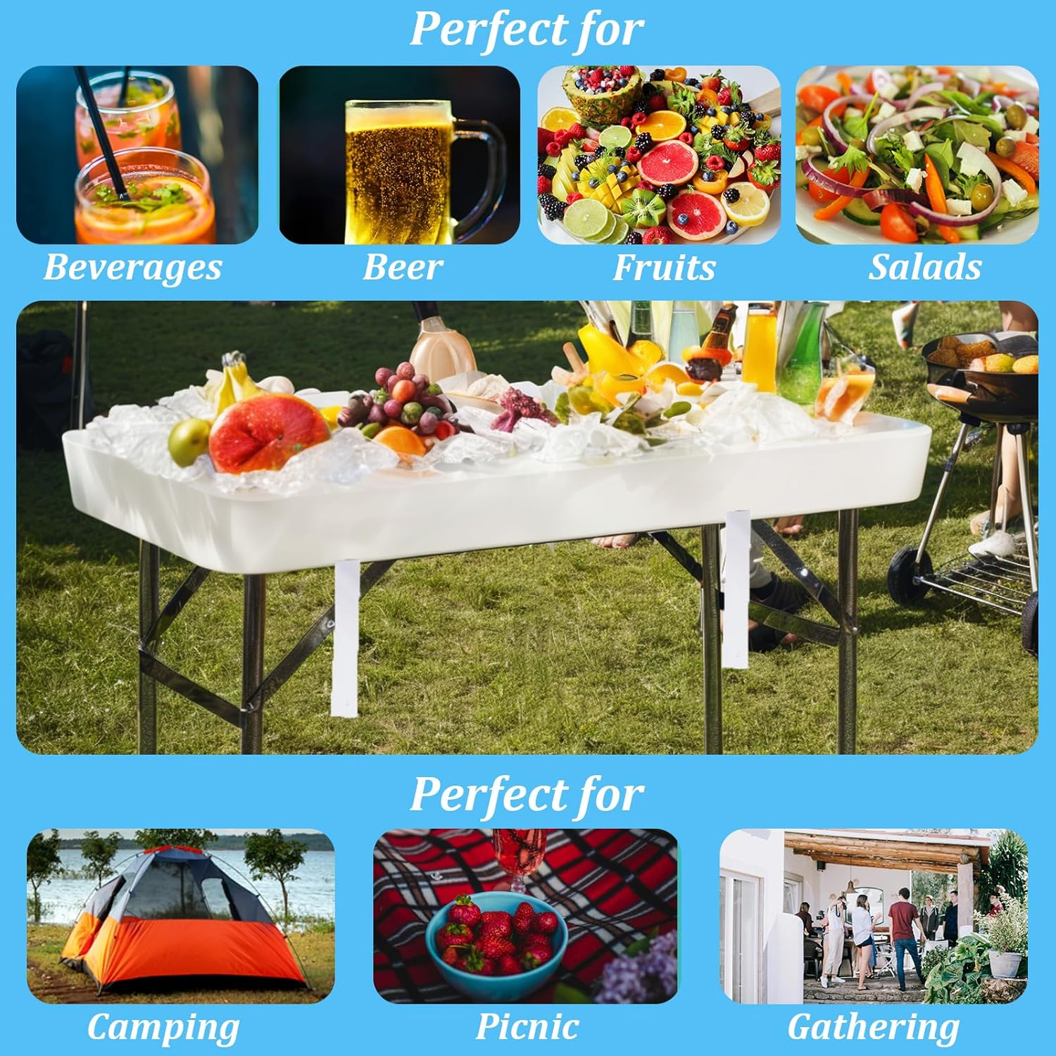 5 Foot Folding Ice Cooler, Outdoor Buffet Cold Food Keeper with Drain Hose, Foldable Beverage Cooler Buffet Salad Serving Chill Table for Party, Picnic, BBQ, Camping