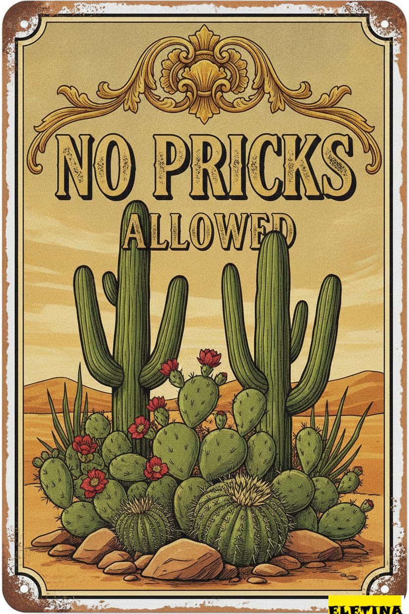 Personalized Sign for Man Cave Cactus Deocr Garden S No Pricks Allowed Southwestern Metal Tin Cactus Wall Art Decor Outdoor Garden Yard Greenhouse 8x12 Inch Private Property Decorative