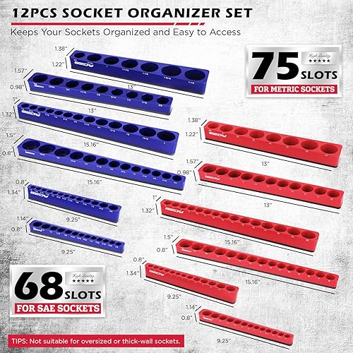 Miniatura 2 de Conjunto de organizador magnético de llaves de vaso de 12 piezas de 14" 38" 12"-Drive SAE y métrico (con capacidad para 143 llaves de vaso) -Bandeja