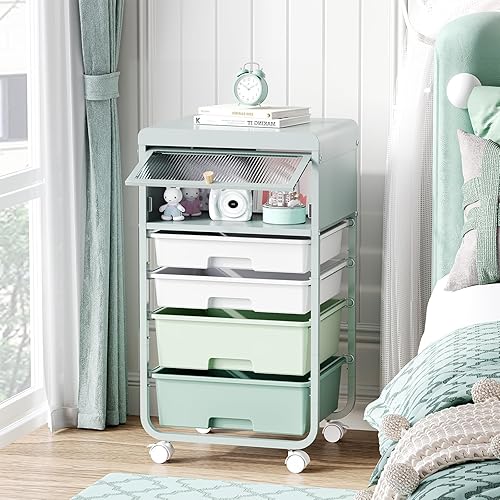 Miniatura 8 de Cajón de almacenamiento rodante, carrito de manualidades con 4 cajones y puerta a prueba de polvo para niños, sala de arte de manualidades,
