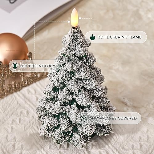 Miniatura 8 de Velas de árbol de Navidad cubiertas de nieve con control remoto, 2 velas LED cerosas sin llama parpadeantes, velas eléctricas verdes que funcionan