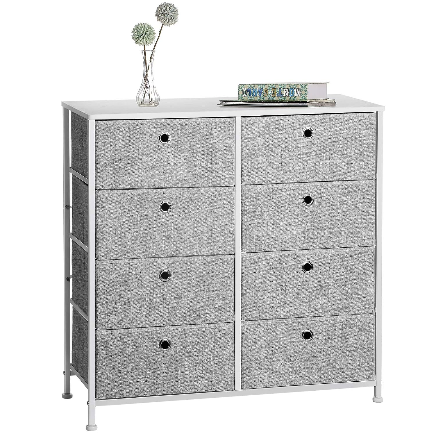 SONGMICS 4-Tier Storage Dresser with 8 Easy Pull Fabric Drawers and Wooden Tabletop for Closets, Nursery, Dorm Room, Light Gray and White ULTS24W