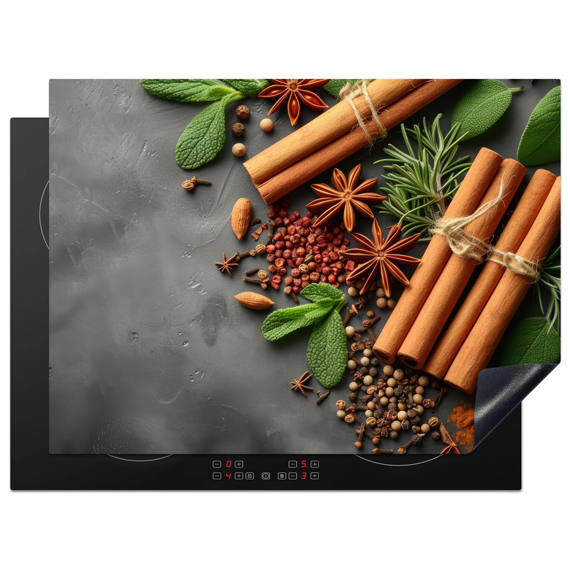 KitchenYeah© Induction Hob Cover Protector Mat 20.5"x27.6" / 70x52 cm Kitchen Universal Ceramic Covers for Electric Cookers Vinyl Cinnamon - Spices - Concrete - Leaves - Cuisine