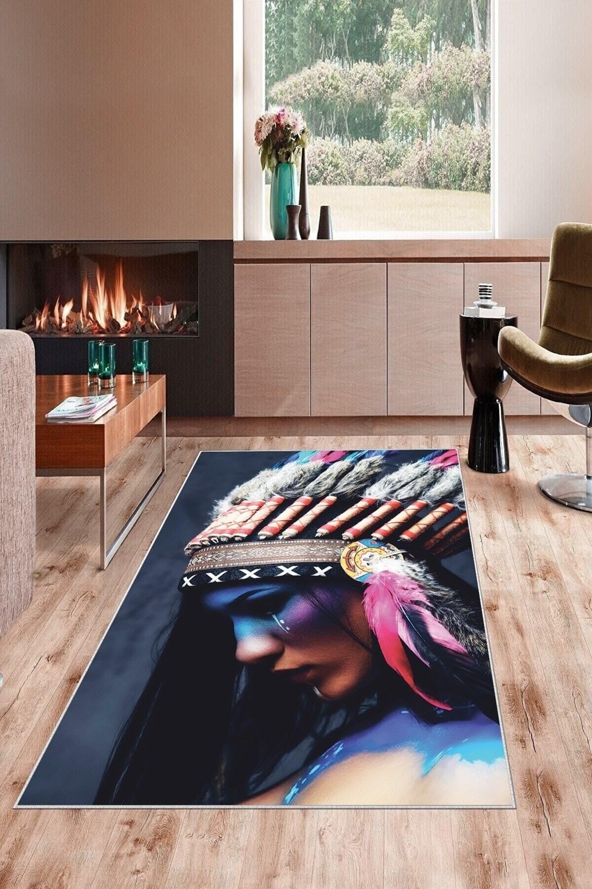 Pelangi Çok Renkli Kızılderili Kız Desen Yıkanabilir Kaymaz Taban Leke Tutmaz Modern Salon Halısı Ve Yolluk, Çok Renkli 180 x 300, 135831318030005