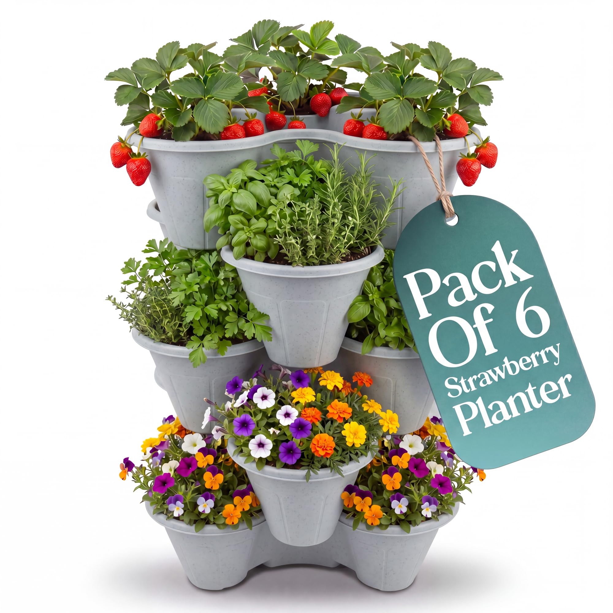 Klass Home Collection Stackable Strawberry Planter Tower Pack of 6, Vertical Garden Planters outdoor & Indoor for Balcony, Patio, Plant Pots for Flowers, Vegetables Herb Garden Planter (Grey)