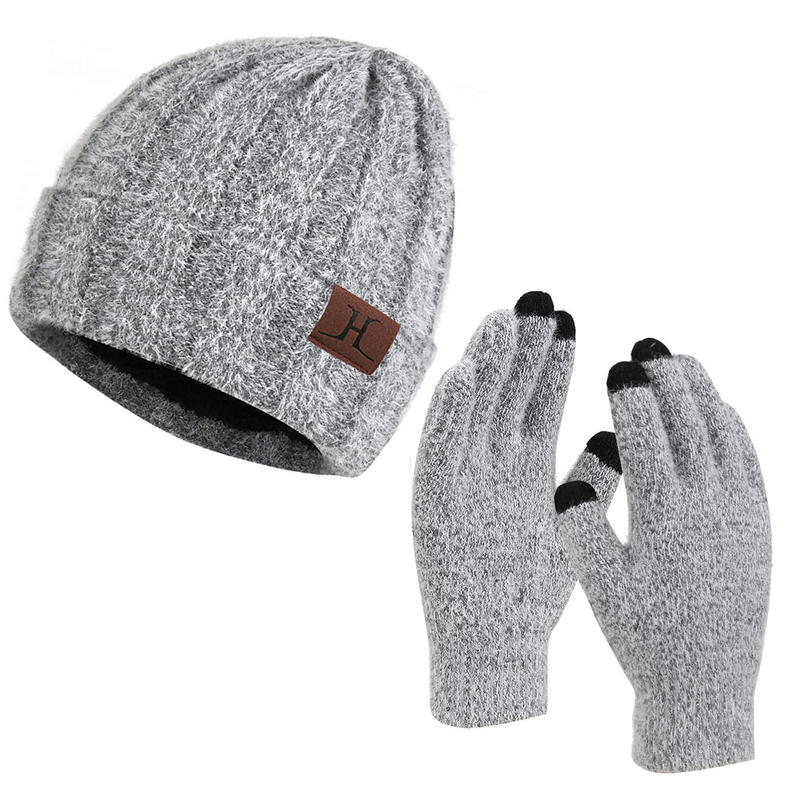Womens Winter Warm Knit Beanie Hat Touchscreen Gloves Set with Fleece Lined Skull Cap Gloves Set for Women, Gloves&hat-grey, One Size