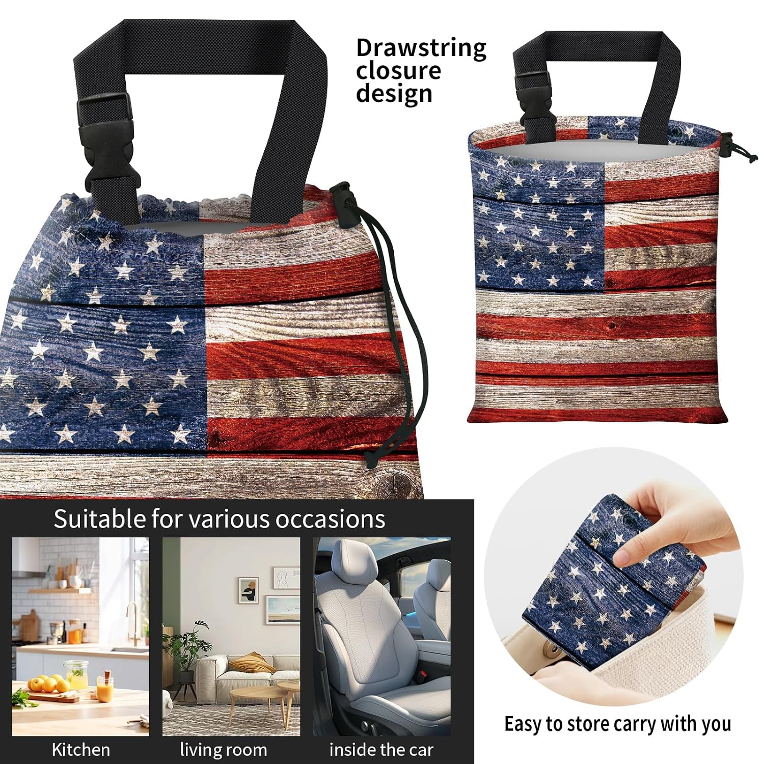Car Trash Bag Large Hanging Can for Back of Seat, Cute Waterproof Car Garbage Bag for Vehicle, Travelling, Outdoor Retro USA Flag image 4