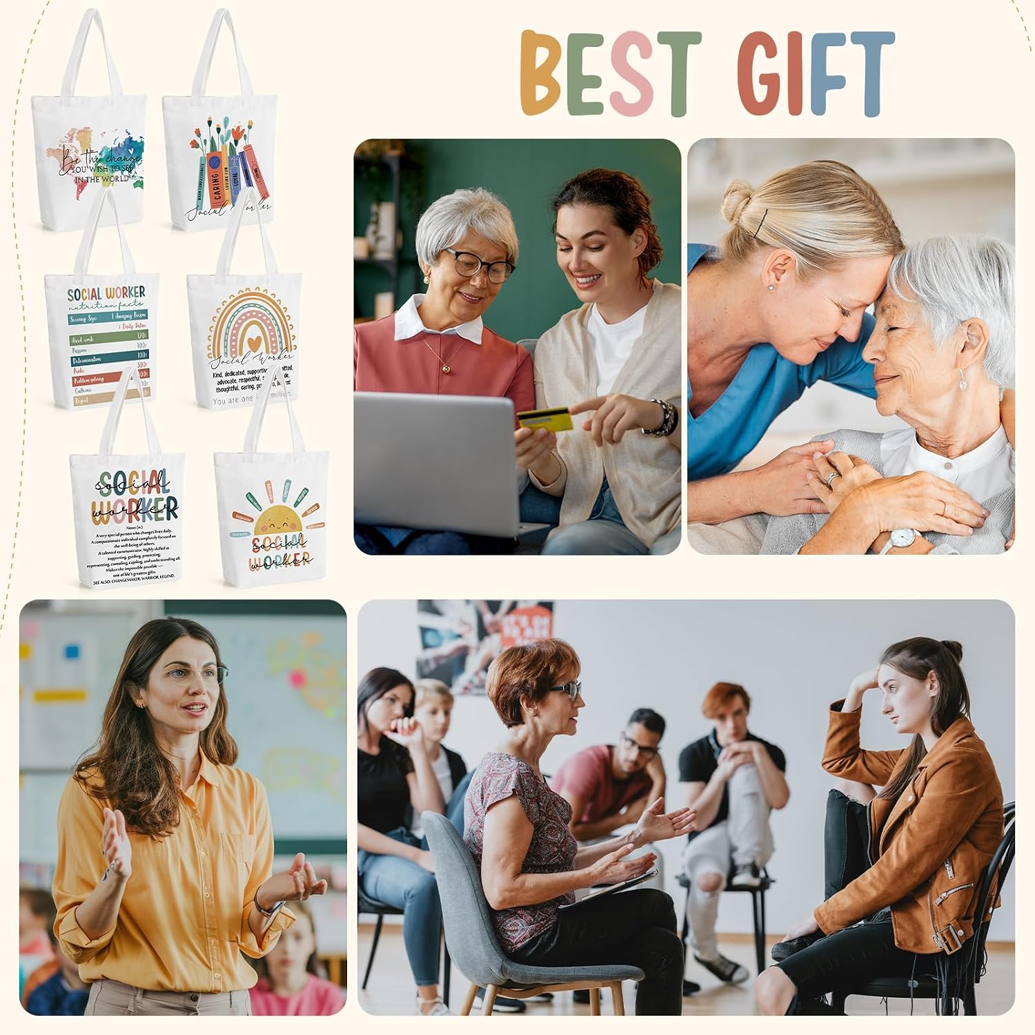 Paterr 12 Pcs Social Worker Appreciation Gift Canvas Tote Bags Bulk Thank You Bags with Zipper Office Supplies Valentines Coworker Gifts for MSW Volunteer Students Teacher Nurse Party Favors
