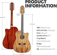 Vista 3 de TARIO 12 Cuerdas Acústica Eléctrica Cutaway Guitarra Spalted Maple Top Caoba Back & sides Okoume Neck