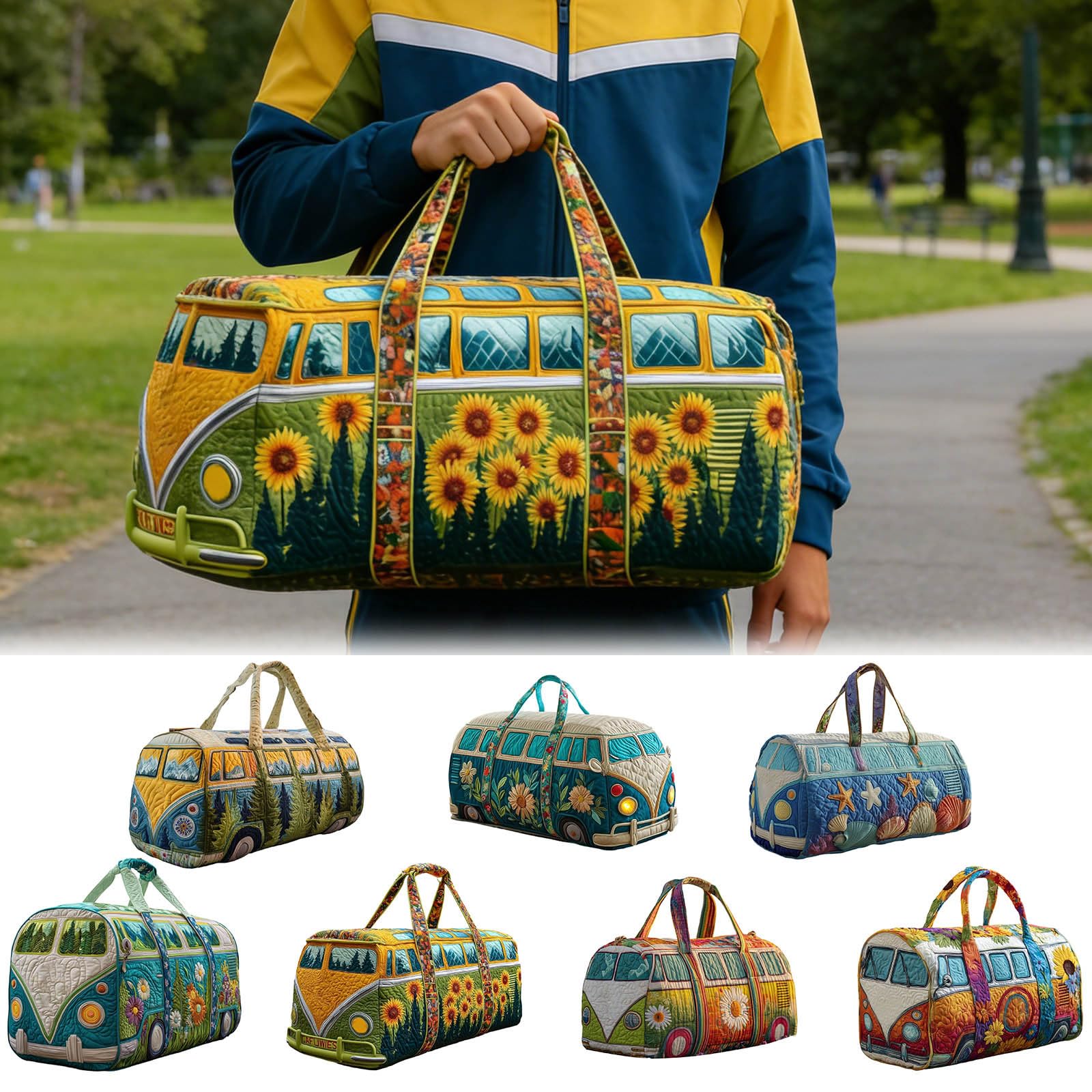 Hippie Van Quilted Duffle Bag,Boho Vintage Floral Weekender Travel Bag,Large Capacity Lightweight Gym Tote for Women (G) — view 8