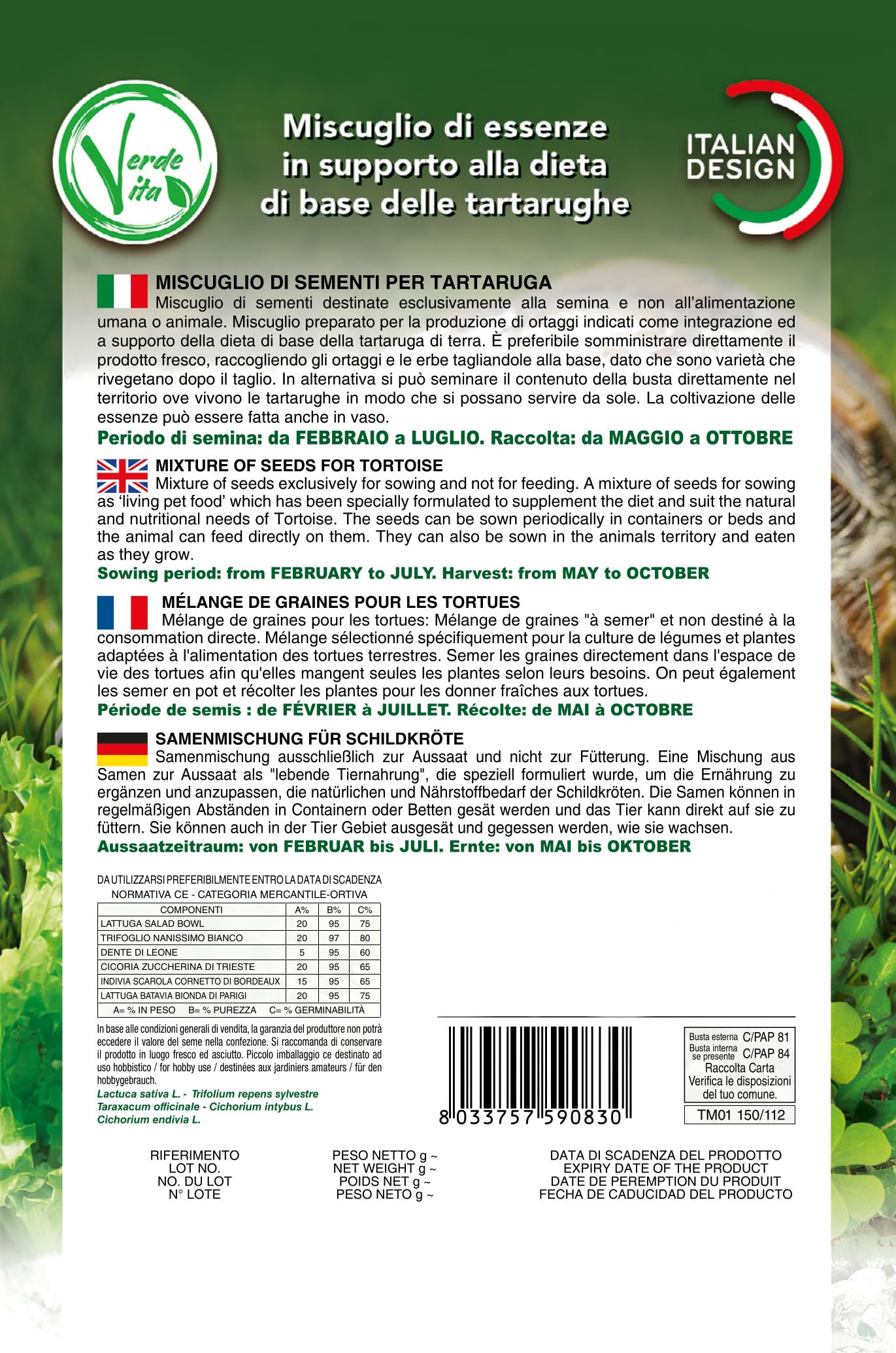 Semi Erba Per Tartarughe Di Terra - Miscuglio Semi In Supporto Alla Dieta Delle Tartarughe - 2 BUSTE