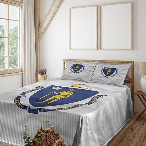 Lunarable American Sheet Set, Massachusetts Flagg Holds a Bow and Pointing Downward Arrow, Fitted and Flat Sheet with Pillowcase Bedding Accent 3