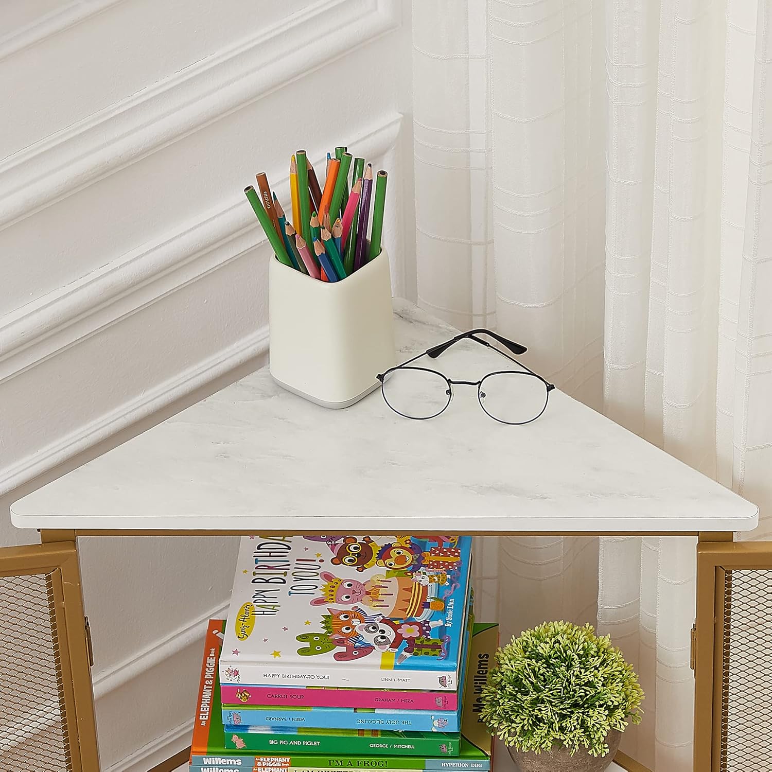 VECELO Corner Cabinet/Table, 3-Tier Display Shelves with Protection Door, Metal Frame Storage Shelf Organizer for Small Space, Living Room, Kitchen, Bathroom