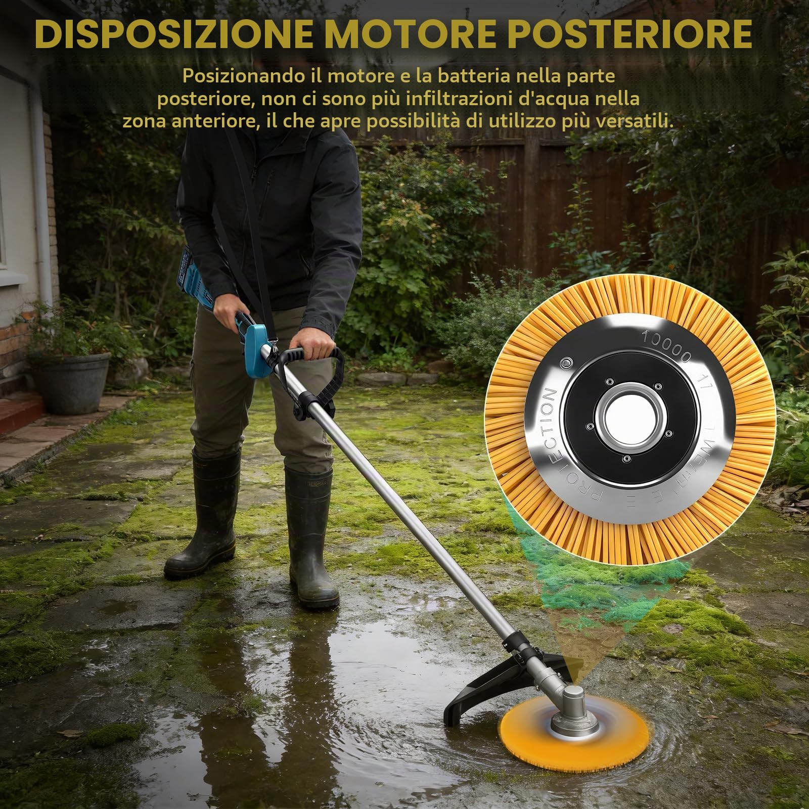 Decespugliatore a batteria da 1380 W con 2 batterie e caricatore, decespugliatore a batteria 7 in 1 con spazzola per erbacce, decespugliatore elettrico senza spazzole con 7 tipi di lame per giardini