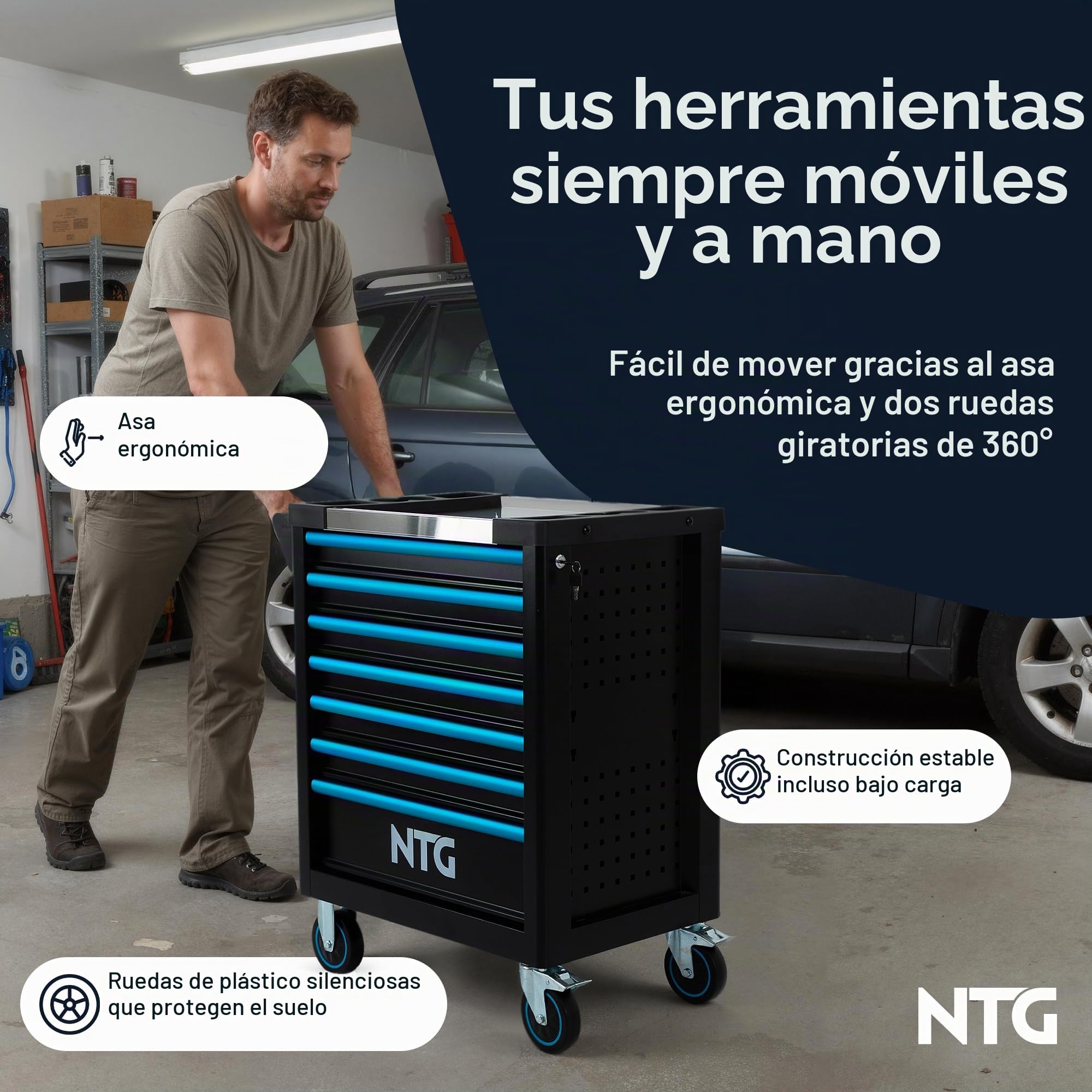 NTG Carro de herramientas con 7 cajones, incluye 290 piezas de herramientas – Carro de taller con cierre centralizado, se puede cerrar, móvil con ruedas – Maleta de herramientas profesional con ruedas