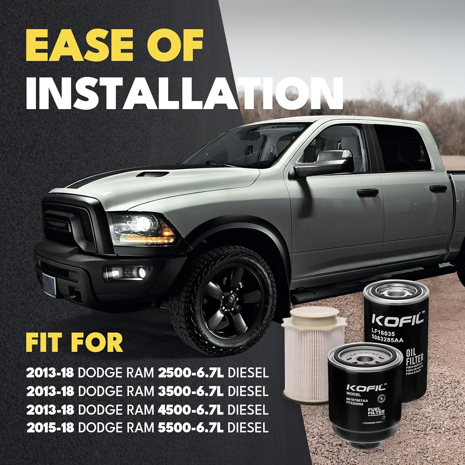 6.7L Cummins Fuel Filter Water Separator and Oil Filter Set, Compatible with 2013-2018 Dodge Ram 2500 3500 4500 5500, Replaces# 68197867AA, 68157291AA, 5083285AA