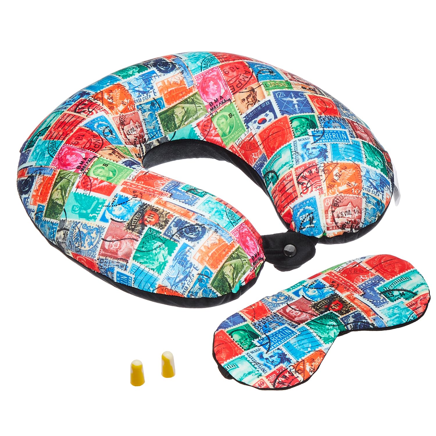 amazon basics 100% Memory Foam Travel Neck Pillow with Eye Mask and Ear Plugs Combo|Ergonomically Designed for Ultimate Comfort, Perfect for Air, Car, Train, Bus Travel- World Stamps, Standard Size