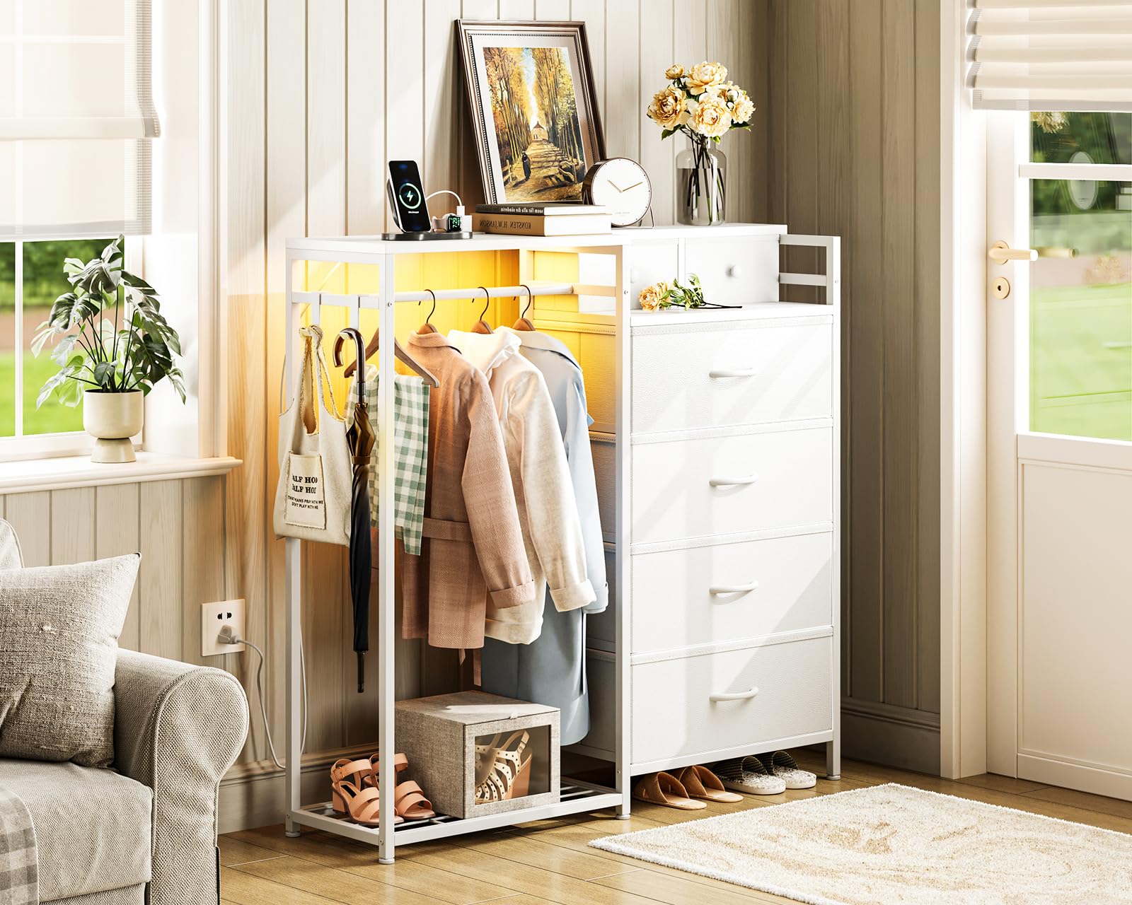 Coleshome Commode Chambre avec et Tringle à Vêtements, Eclairage LED et Prise Electrique, Design Réversible avec 6 Tiroirs, Commode en Tissu pour Chambre à Coucher et Salon, Blanc