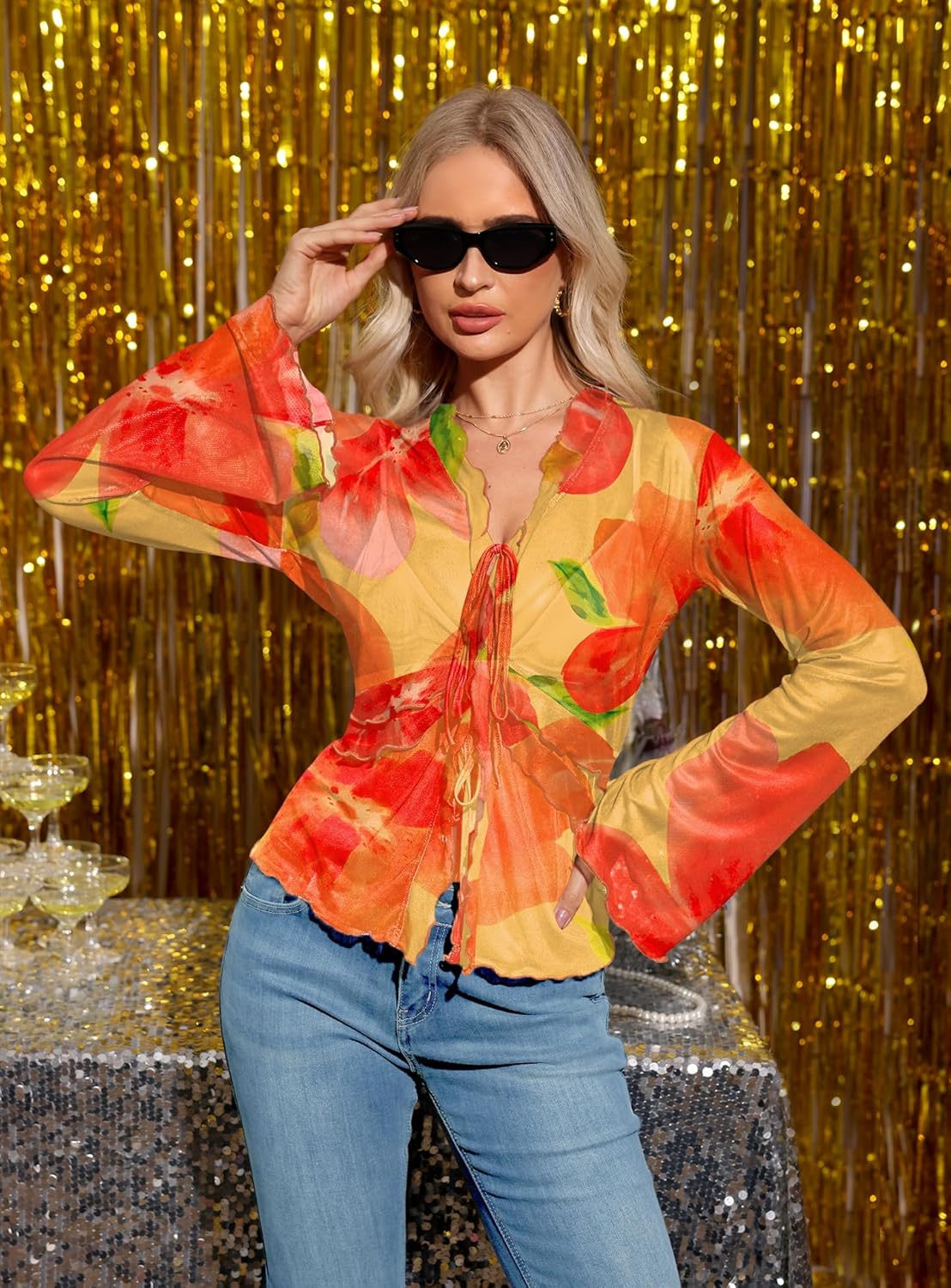 Clarisbelle Summer Women's Bell Sleeve Leopard Mesh Sheer Shirt Y2K Tie Front V Neck Vintage Tops - Image 3